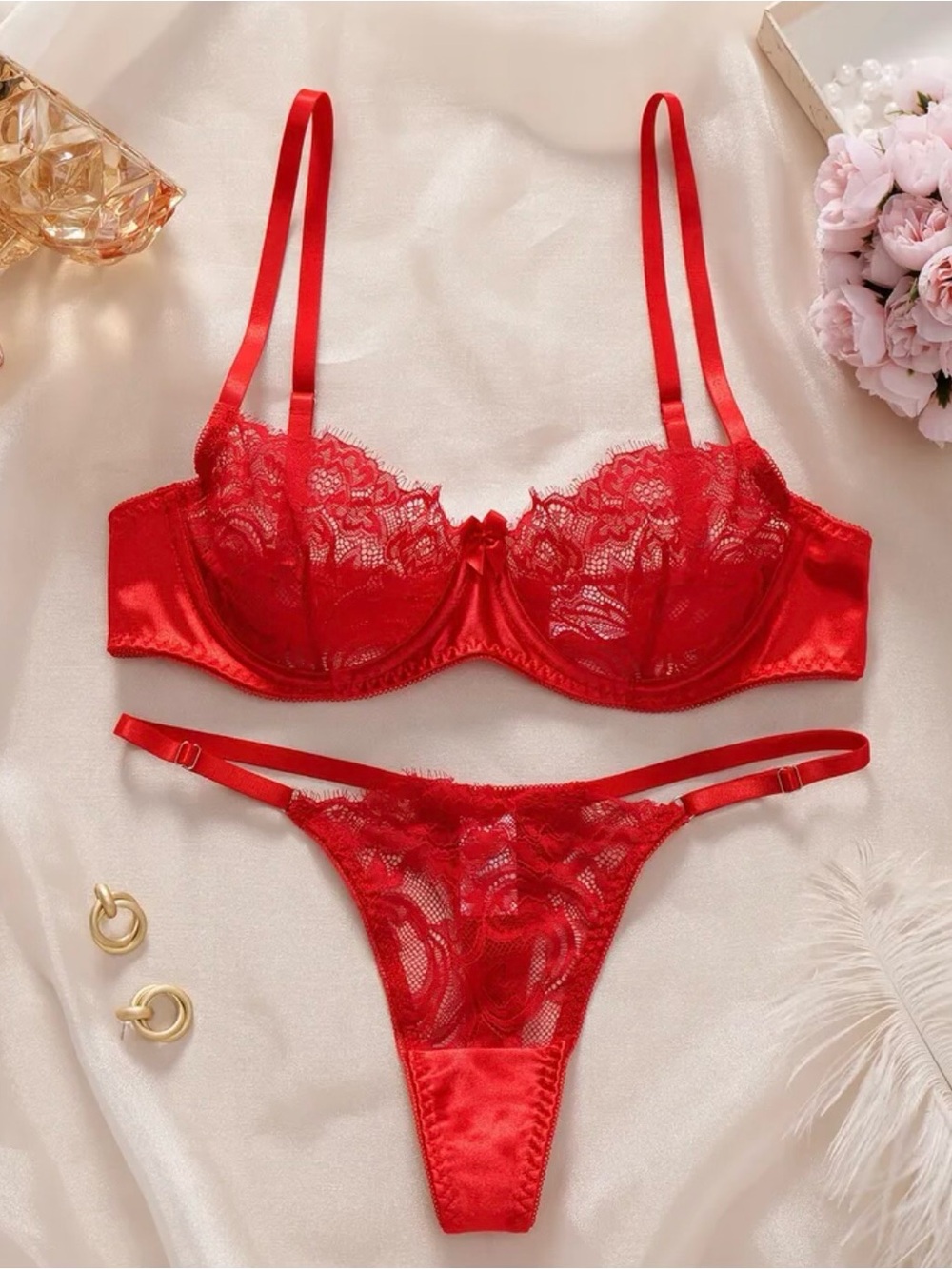 Red Lace Satin Underwire Bra & Thong Set - Women Intimates